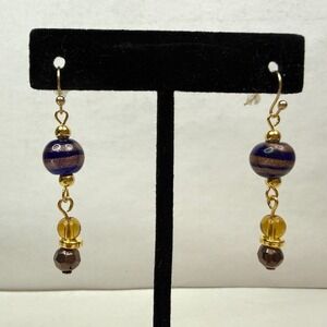 18K Gold Plated Hook Gold Blue Venetian Glass Bead Dangle Drop Earrings Jewelry